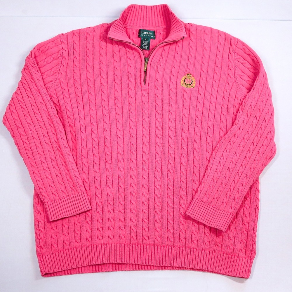 Lauren Ralph Lauren Sweater Women XL Pink Cable Knit Quarter Zip Crest Logo